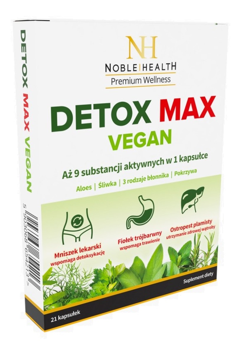 Detox max vegan suplement diety wspomagający proces detoksykacji organizmu i prawidłowe funkcjonowanie układu trawiennego 21 kapsułek