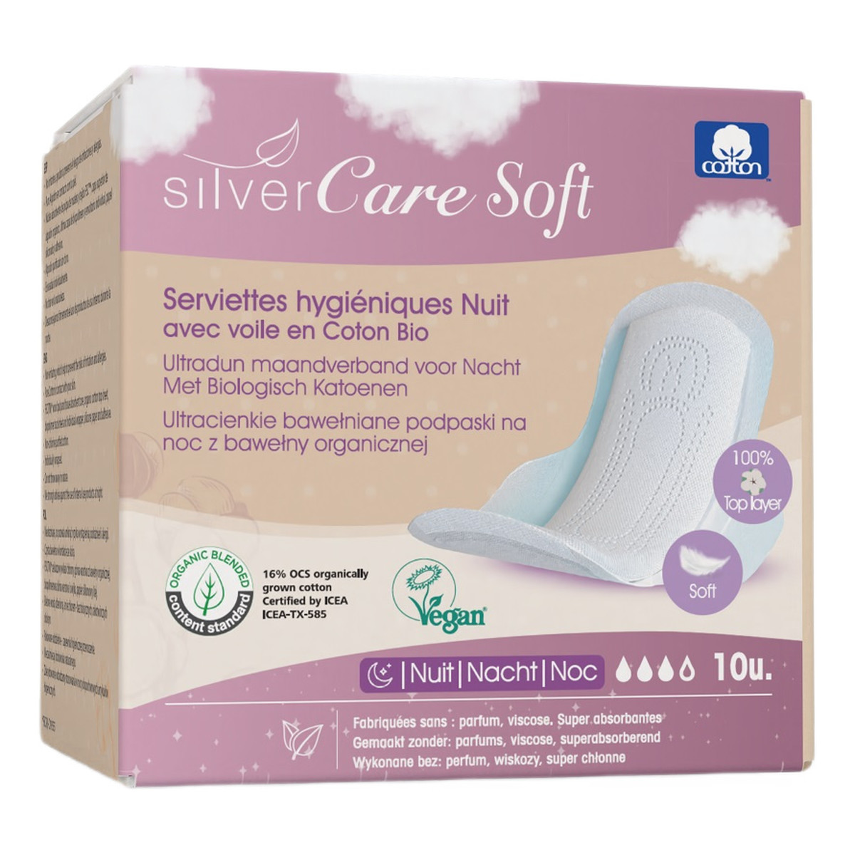 MASMI Silvercare soft ultracienkie bawełniane podpaski na noc ze skrzydełkami 10szt.