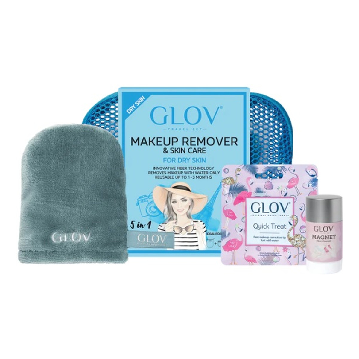 Glov Travel Set Dry Skin podróżny Zestaw on-the-go rękawica do oczyszczania cery suchej + quick treat do korekt makijażu + magnet cleanser do czyszczenia rękawic i pędzli + kosmetyczka
