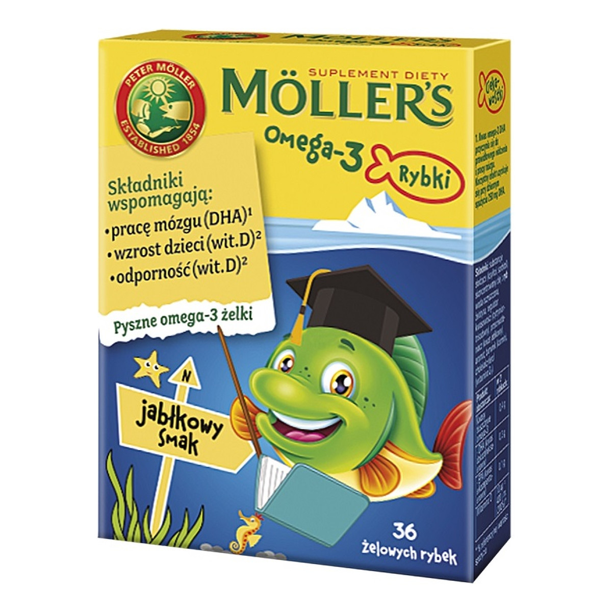 Moller's Omega-3 Rybki Żelki z kwasami omega-3 i witaminą d3 dla dzieci jabłkowe 36szt.