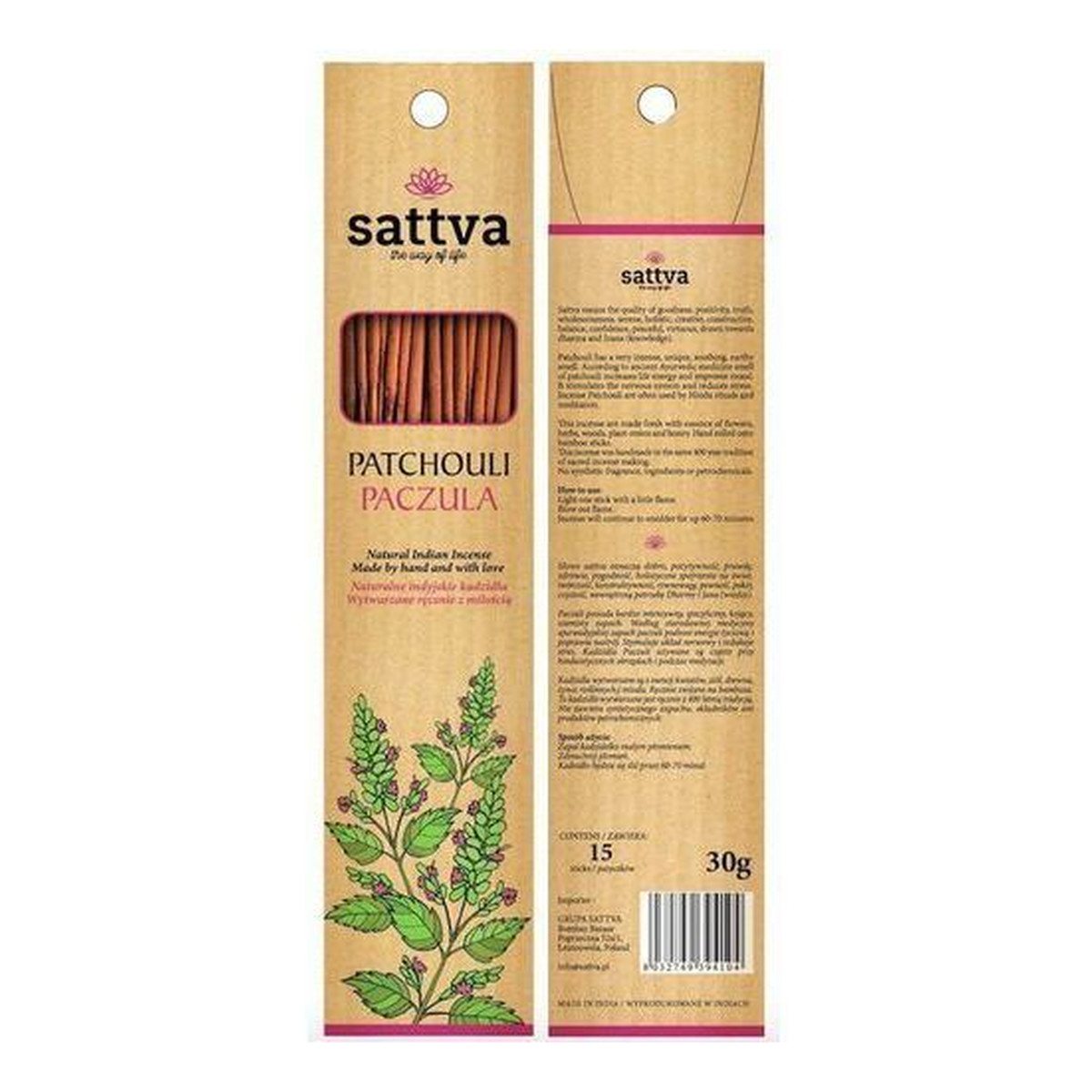 Sattva Naturalne Indyjskie Kadzidła Wytwarzane Ręcznie Z Miłością Paczula 15szt x4