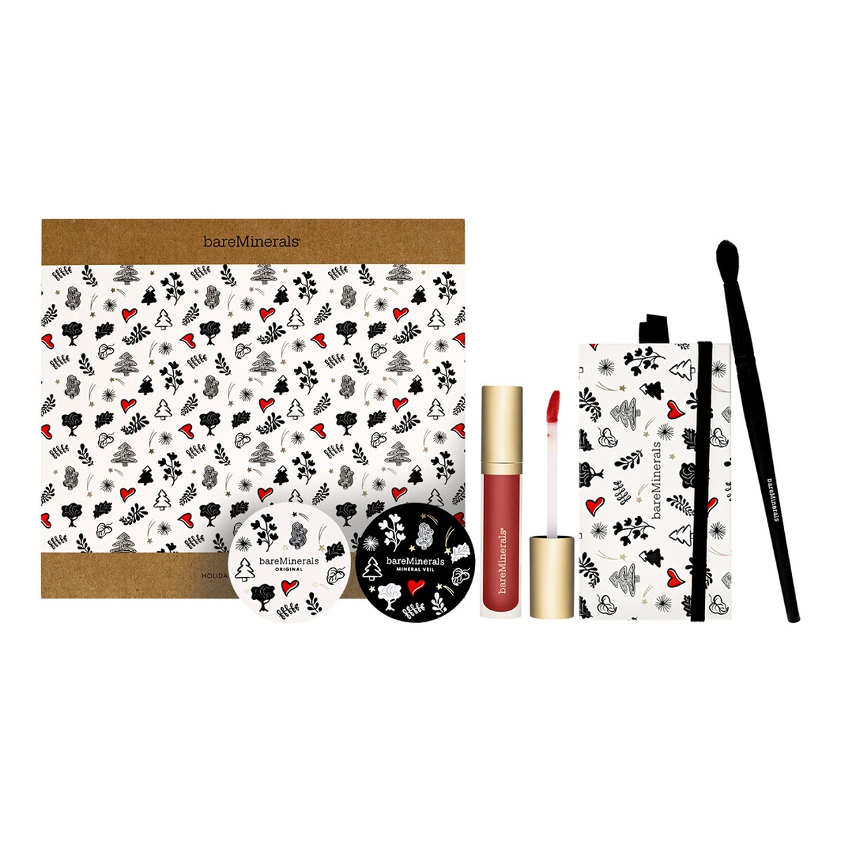 bareMinerals Zestaw Holiday Clean Makeup 5 Pieces Original Loose Mineral Foundation + Mineral Veil Finishing Powder + Cheek and Eye Palette + Gen Nude Creamier Lipgloss Neutral Rose + Multi-Functional Eye Brush