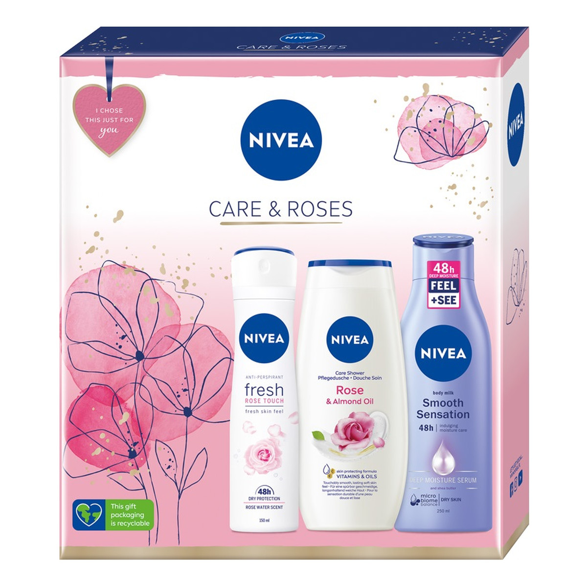 Nivea Care & Roses Zestaw fresh rose touch antyperspirant spray 150ml + rose & almond oil żel pod prysznic 250ml + wygładzające mleczko do ciała 250ml