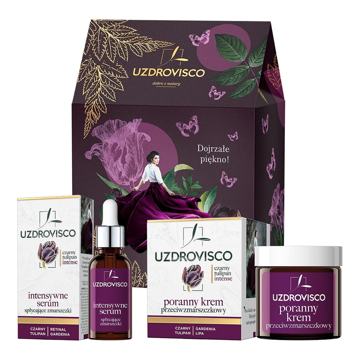 Uzdrovisco Czarny Tulipan Intense Zestaw poranny krem przeciwzmarszczkowy 50ml + intensywne serum spłycające zmarszczki 30ml