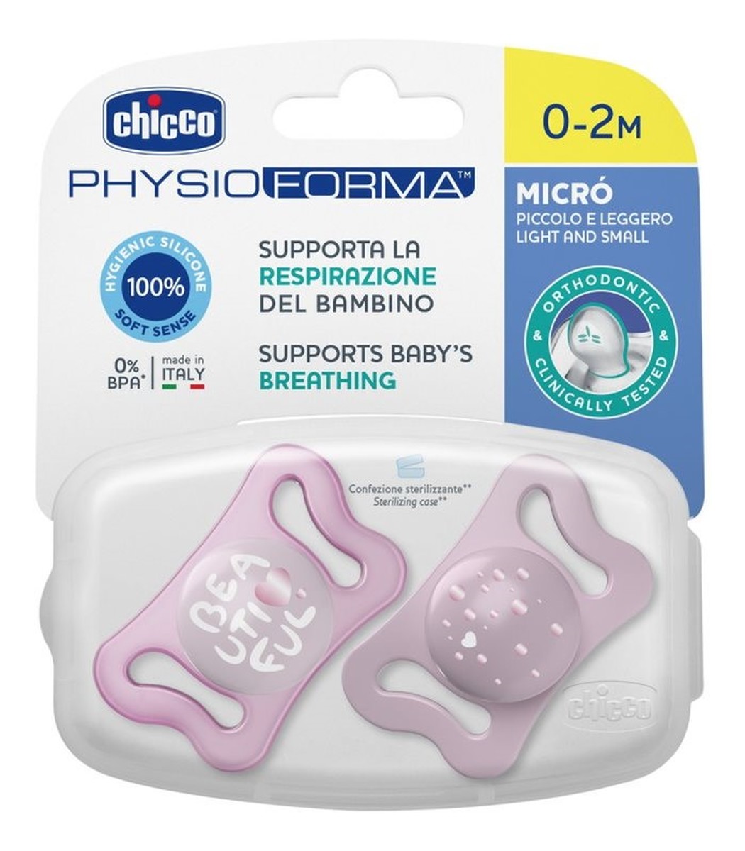 Physioforma silikonowy smoczek do uspokajania micro 0-2m+ różowy 2szt.
