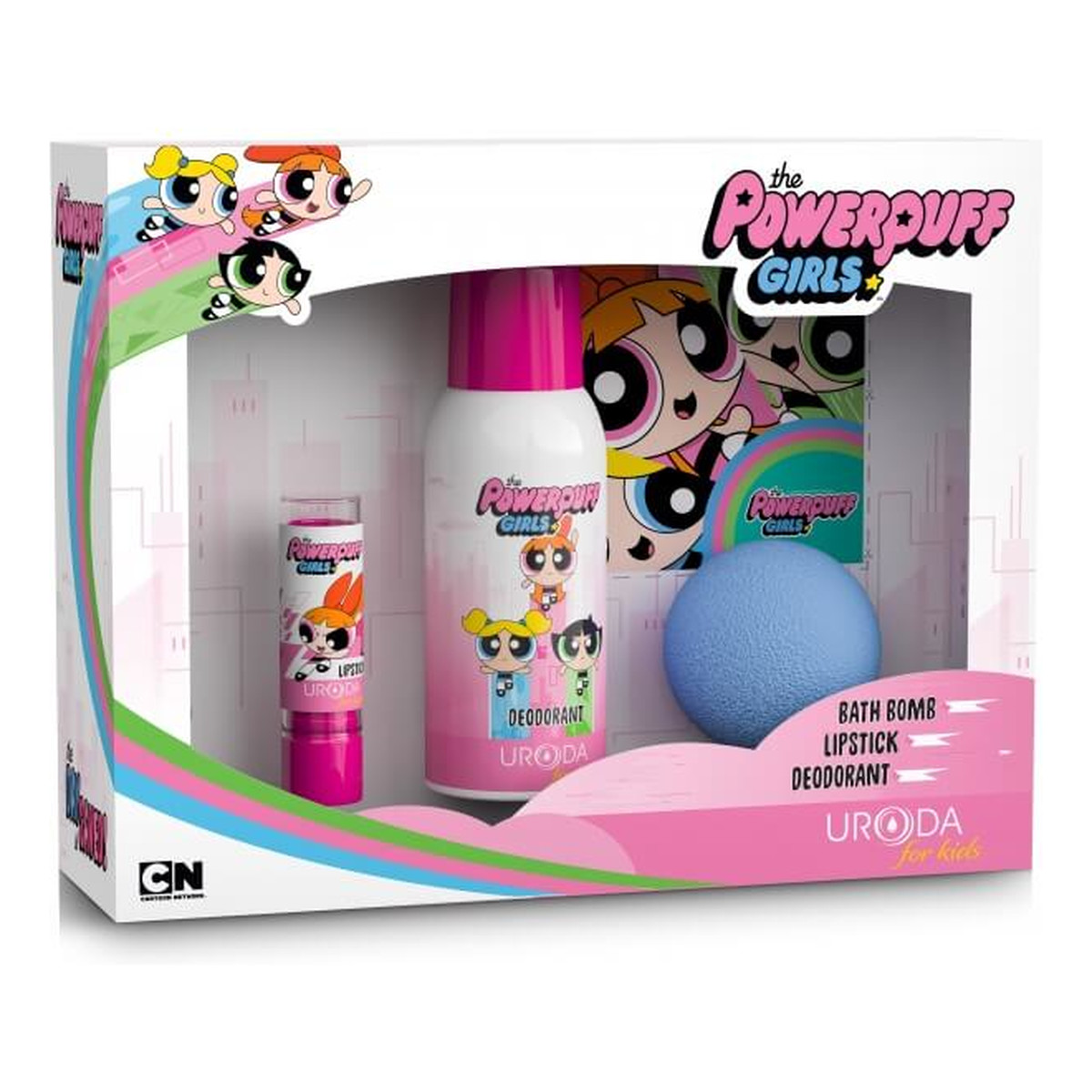 Uroda Zestaw prezentowy dla dzieci PowerPuff Girls kula do kapieli 100g + pomadka ochronna + dezodorant spray 100ml