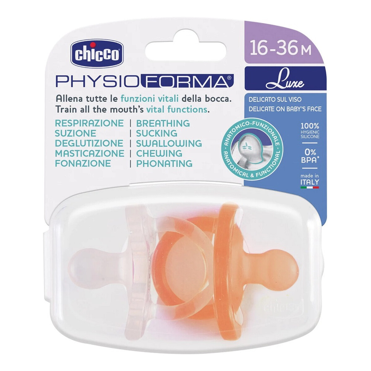 Chicco Physioforma luxe smoczek silikonowy uspokajający 16-36m pomarańczowy 2szt.