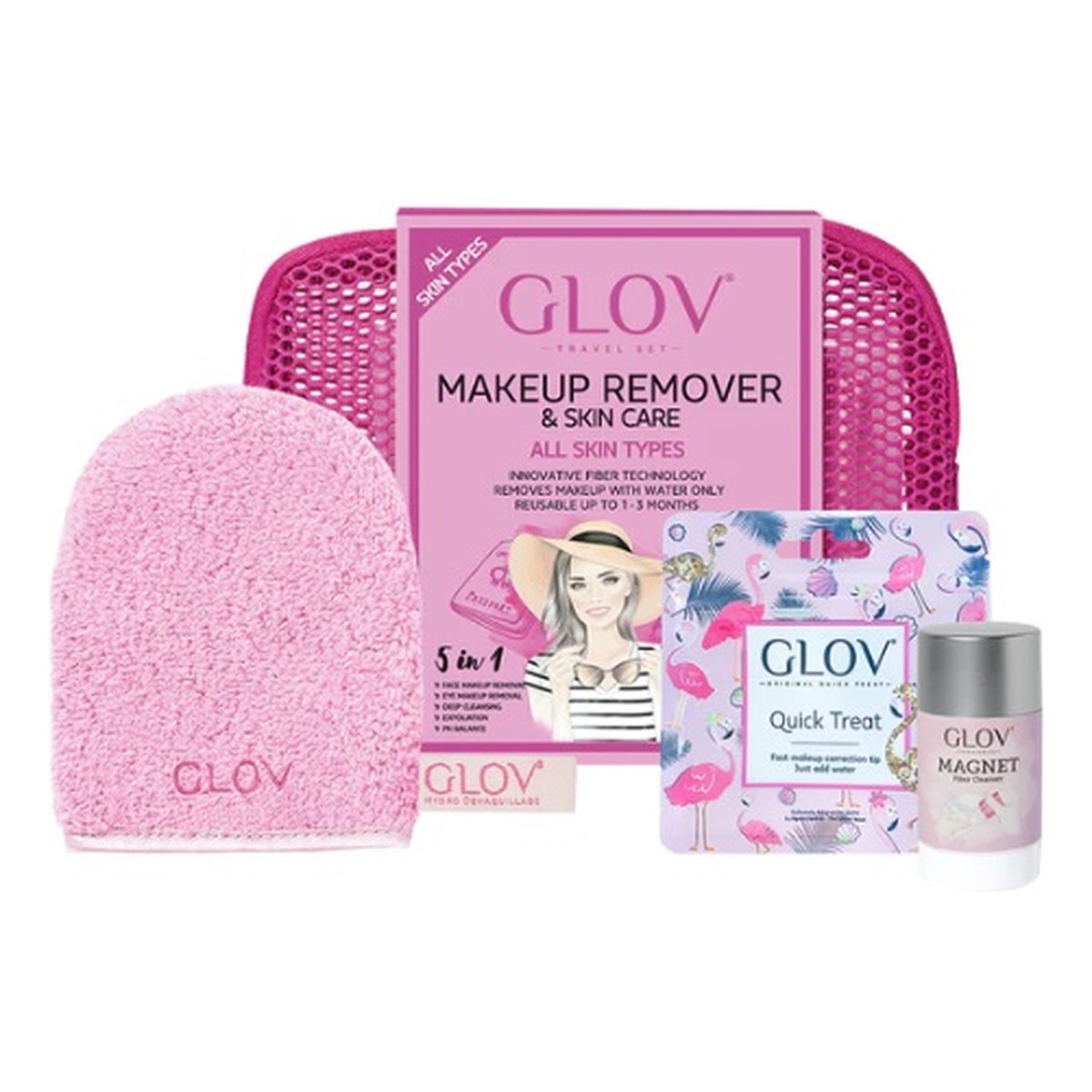 Glov Travel Set All Skin Types podróżny Zestaw on-the-go rękawica do oczyszczania cery mieszanej quick treat do korekt makijażu + magnet cleanser do czyszczenia rękawic i pędzli + kosmetyczka