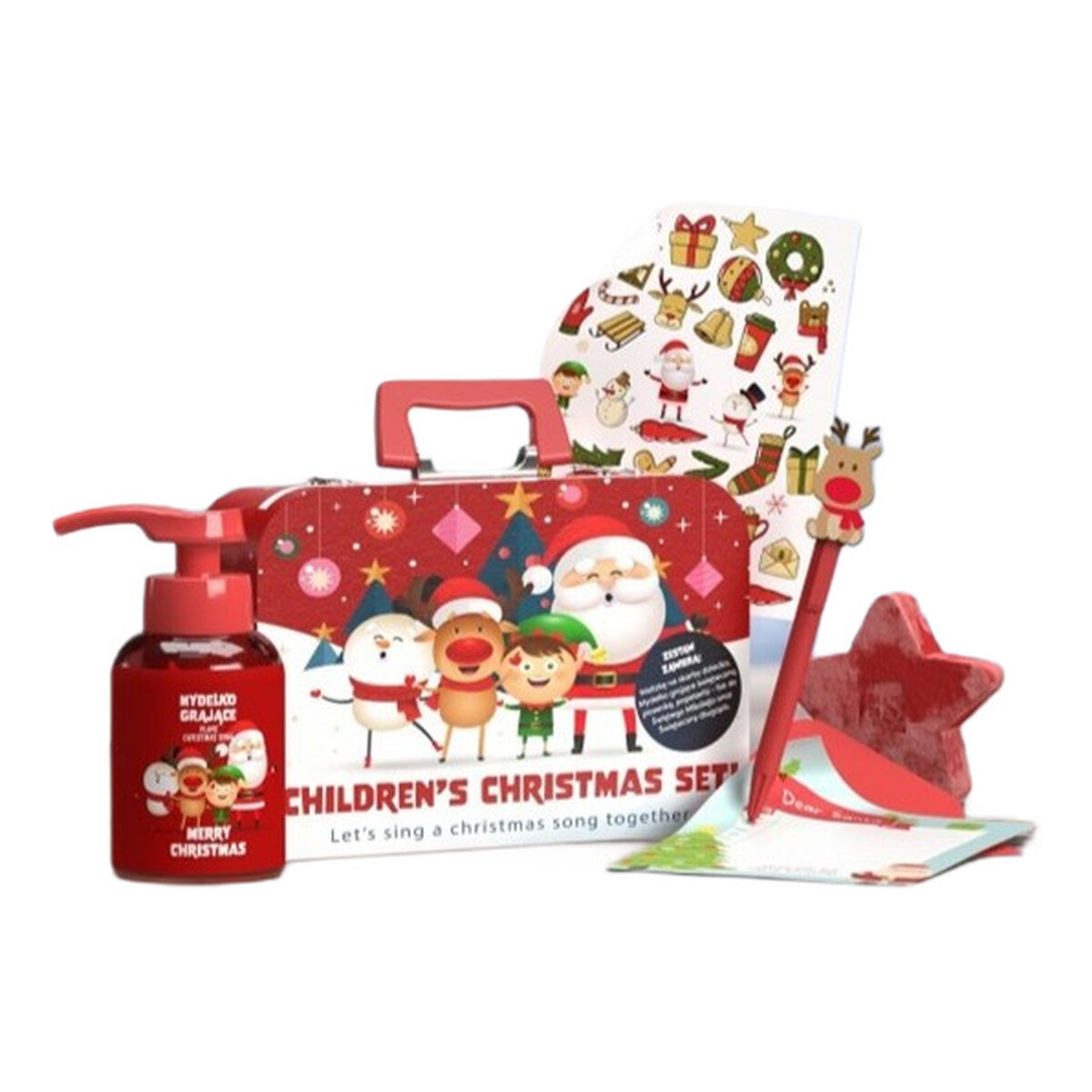 Hiskin Children's christmas set grające mydełko 200ml + świąteczna skarpeta na prezenty 1szt + naklejki świąteczne 1szt + długopis 1szt + papeteria do świętego mikołaja 1szt + kula do kąpieli gwiazda 1szt + metalowa walizka