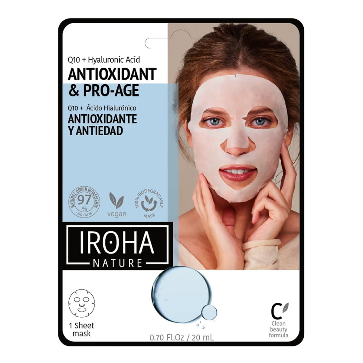 Iroha Nature Antioxidant & pro-age tissue face mask przeciwstarzeniowa maska w płachcie z koenzymem q10 i kwasem hialuronowym 20ml