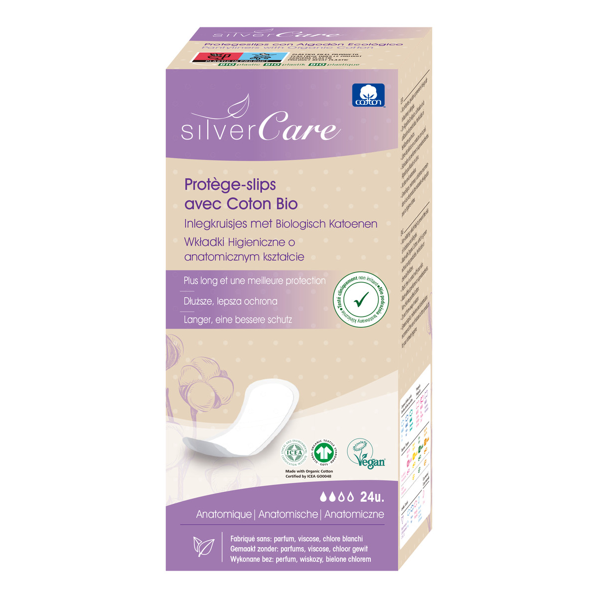 MASMI Silver Care Wkładki higieniczne o anatomicznym kształcie 100% bawełny organicznej 30szt