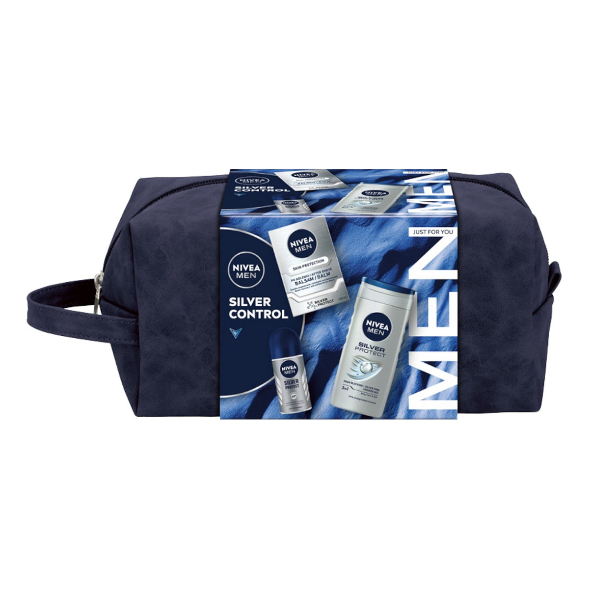 Nivea Men Silver Control Zestaw balsam po goleniu 100ml + antyperspirant roll-on 50ml + żel pod prysznic 3w1 250ml + kosmetyczka