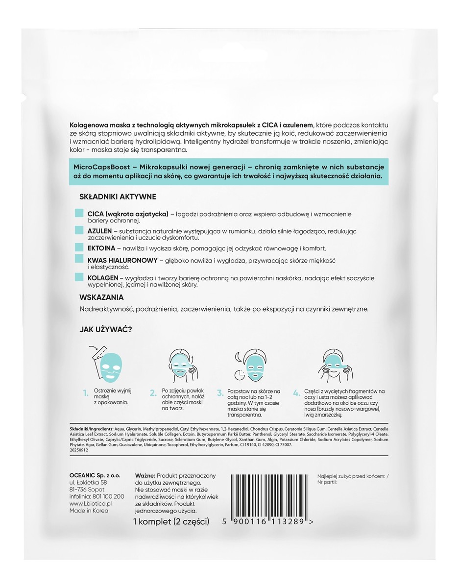L`biotica transformująca hydrożelowa maska kolagenowa z cica i azulenem w mikrokapsułkach-ukojenie i redukcja zaczerwień