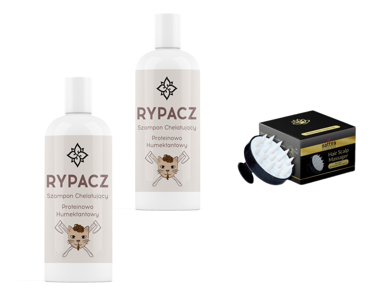 Rypacz - szampon chelatujący proteinowo-humektantowy 2x250ml + Sattva masażer do skóry głowy