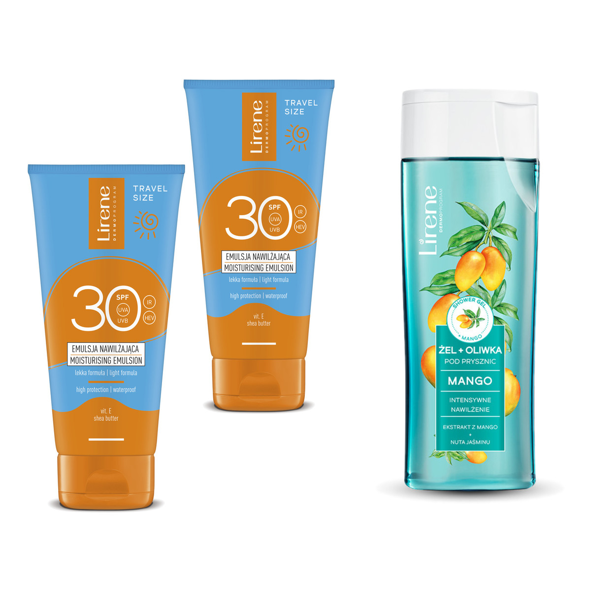 Lirene Sun Emulsja nawilżająca spf 30 2x90ml + Żel pod prysznic Mango 250ml