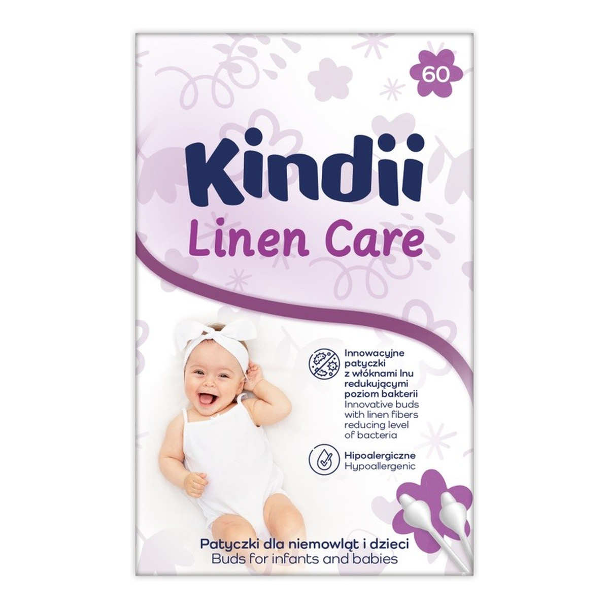 Kindii Linen Care patyczki dla niemowląt i dzieci 1op.-60szt
