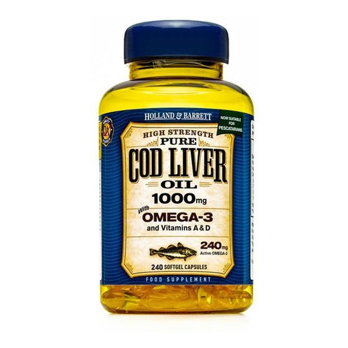Holland & Barrett Pure Cod Liver Oil 1000mg olej z wątroby dorsza z kwasami Omega-3 suplement diety 240 kapsułek żelowych