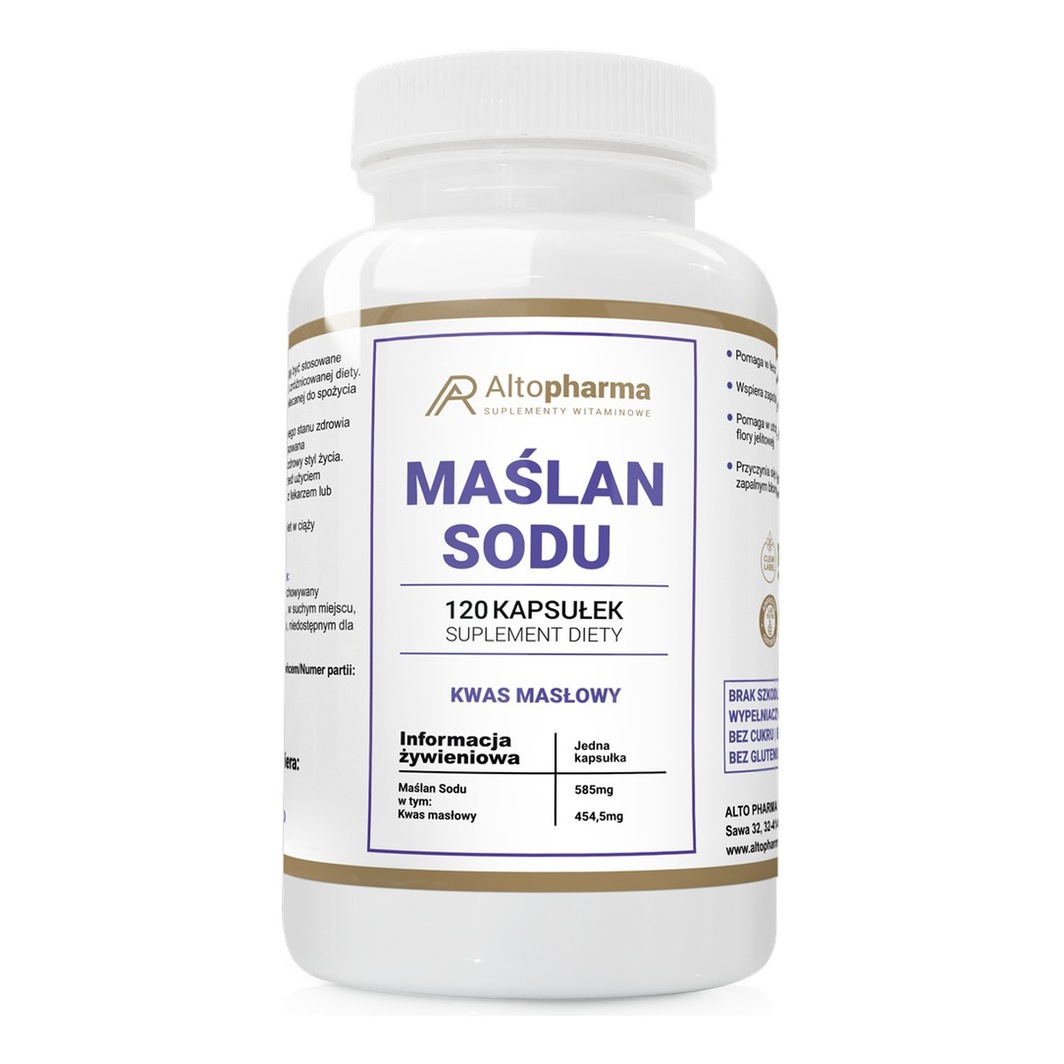 Altopharma Maślan sodu 585mg kwas masłowy 454.5mg suplement diety 120 kapsułek