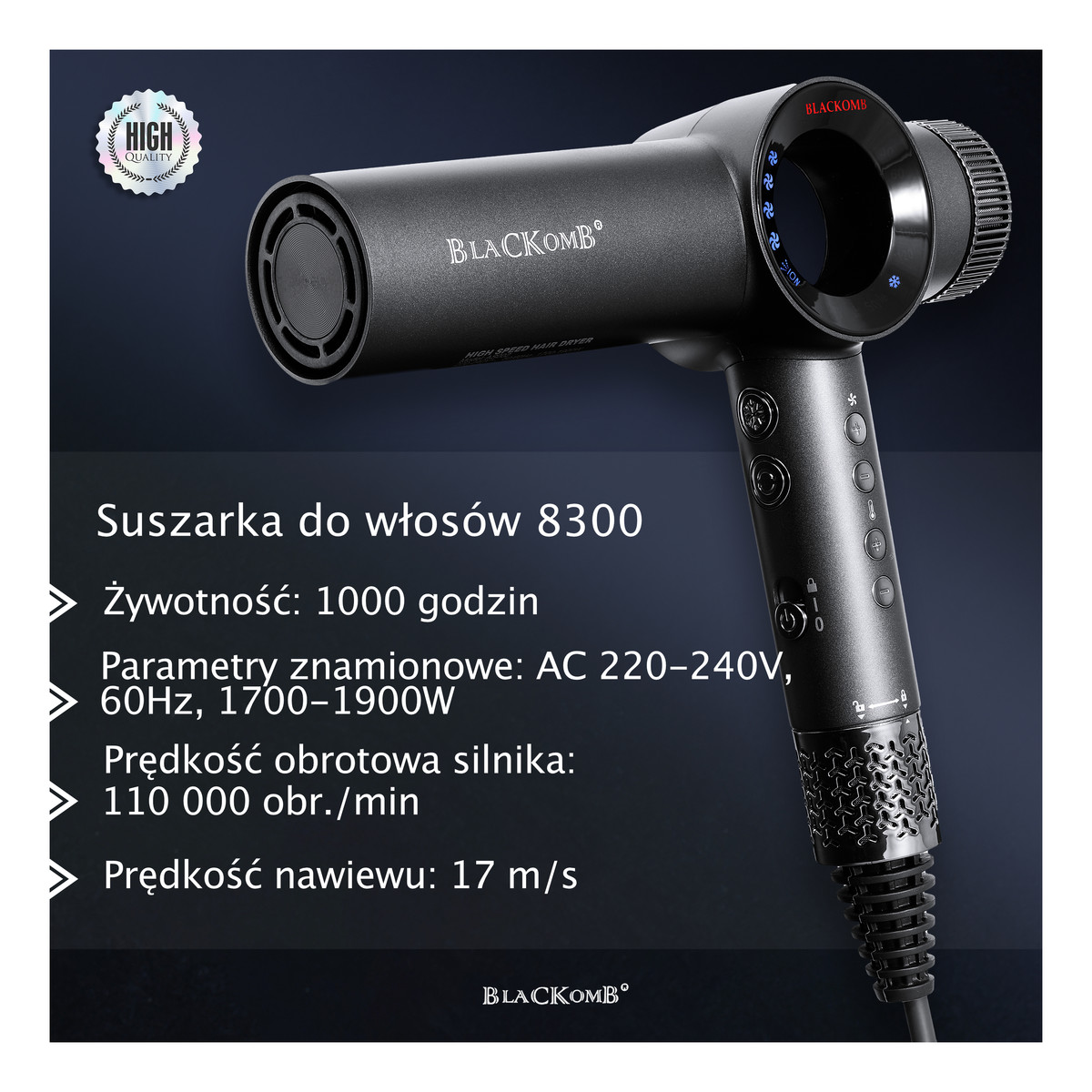 BlacKomb Profesjonalna Suszarka Do Włosów Z Jonami Ujemnymi 1900W + Dyfuzor + Koncentratory Waga 290g 290g