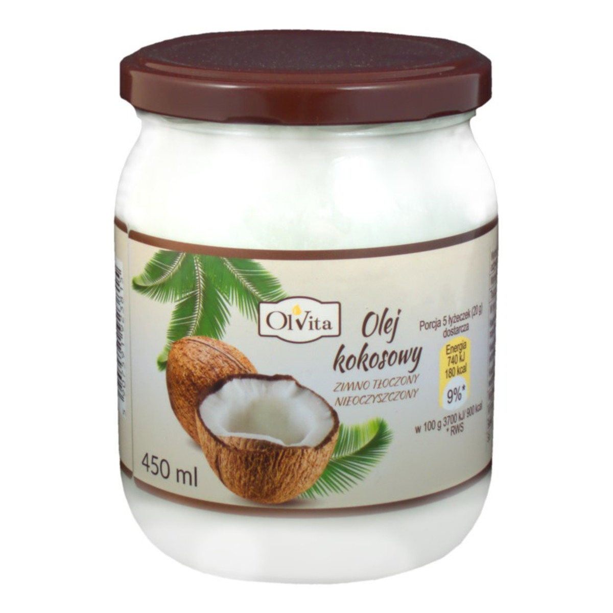 Olvita Olej Kokosowy tłoczony na zimno nieoczyszczony 450ml