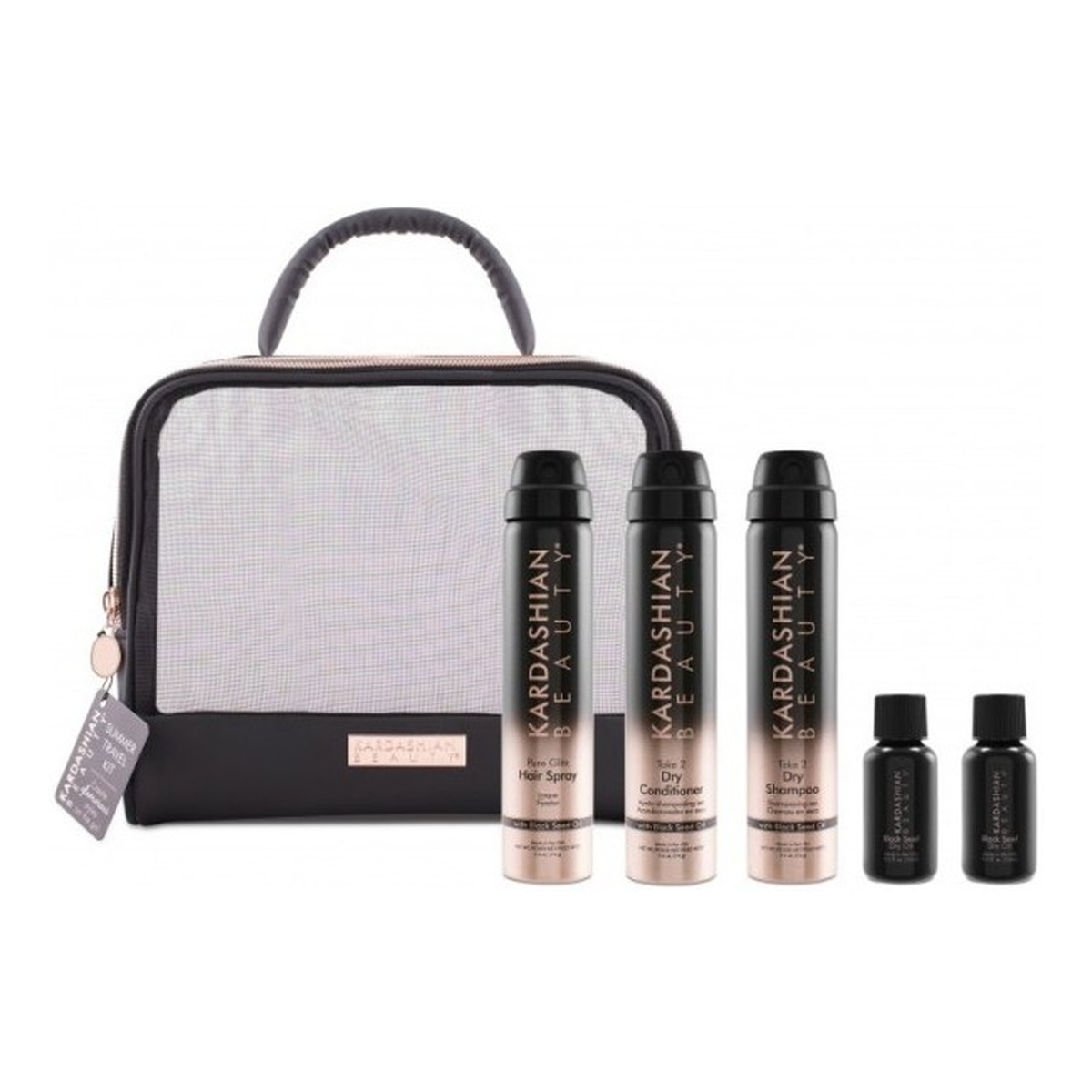 Kardashian Beauty Zestaw suchy szampon 74ml + sucha odżywka 74ml + lakier do włosów 74ml + olejek 15mlx2 + kosmetyczka