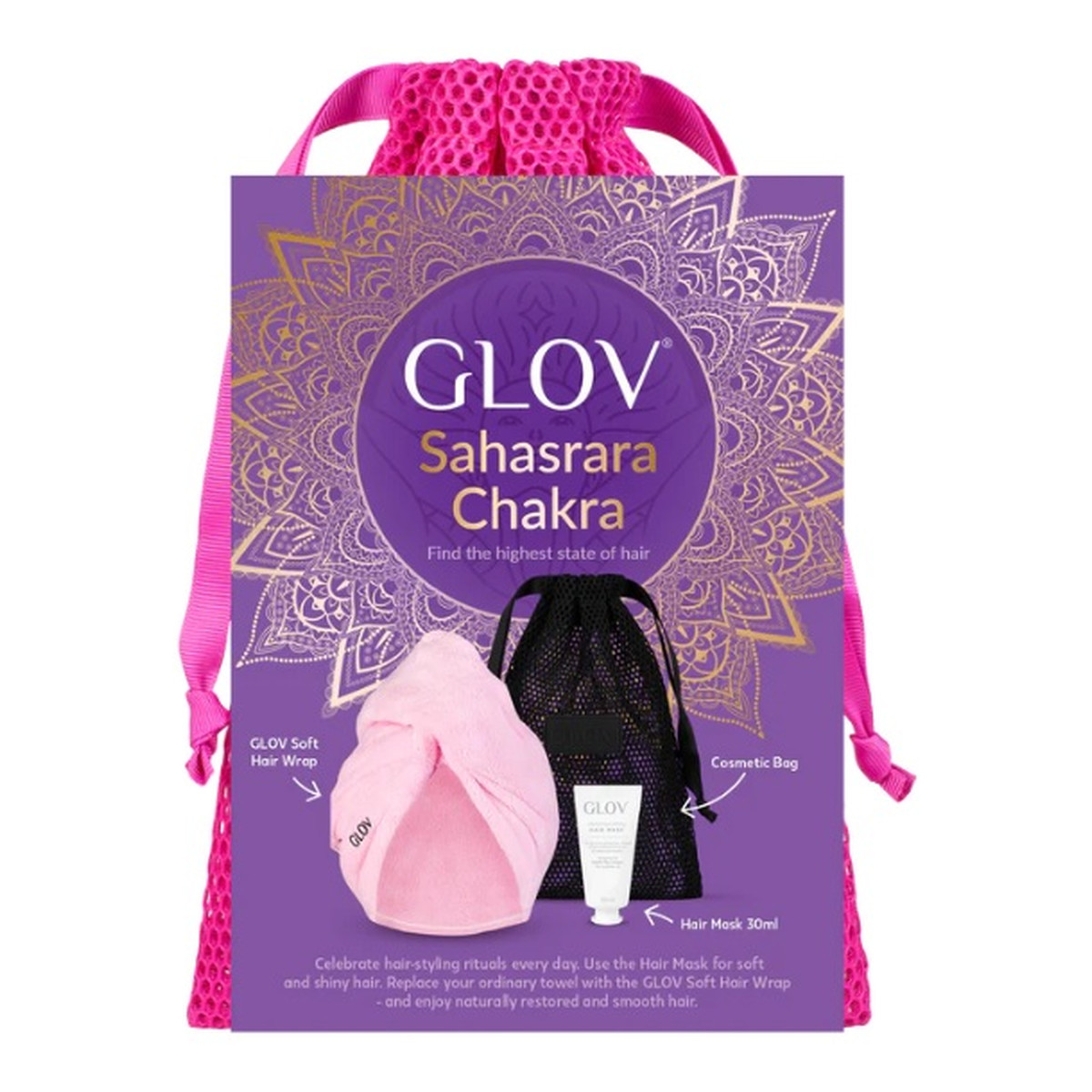 Glov Sahasrara Chakra Zestaw soft hair wrap turban do włosów + hair mask maska odżywcza do włosów 30ml + worek-kosmetyczka