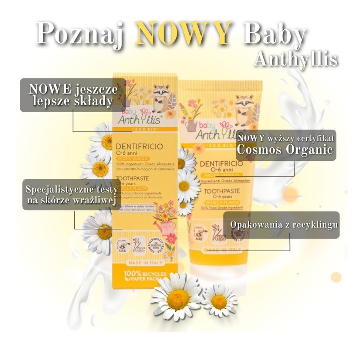 Bio Pasta do zębów dla dzieci BEZ FLUORU z ekologicznymi aloesem i rumiankiem waniliowa 0-6 lat