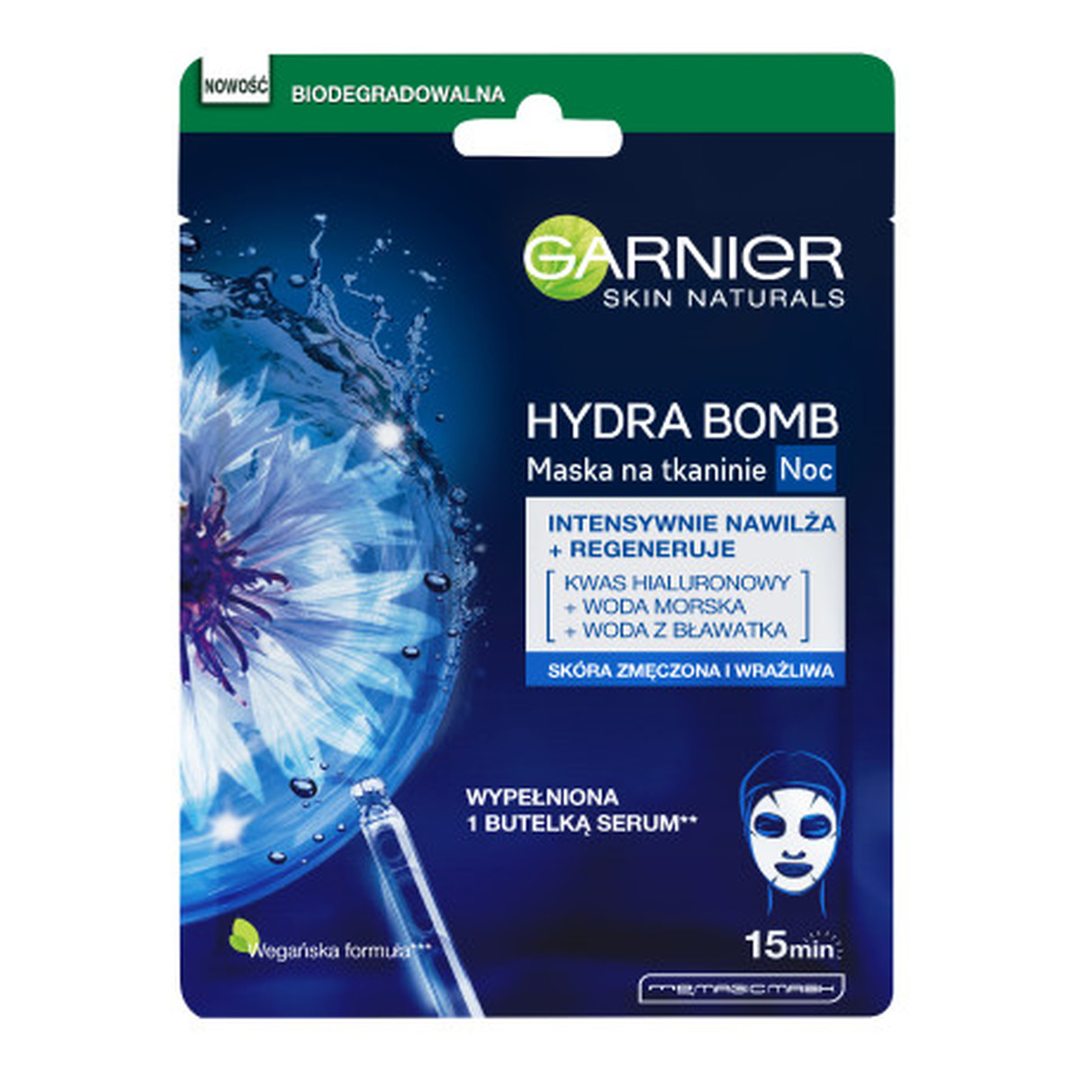 Garnier Hydra Bomb Regenerująca maska na tkaninie na noc z wodą z bławatka 28g