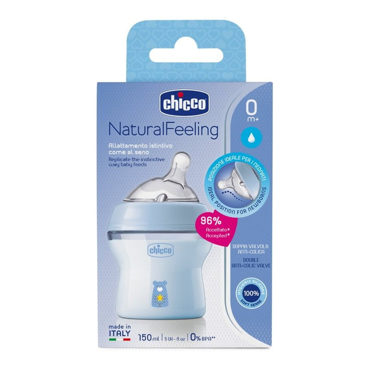 Chicco NaturalFeeling butelka plastikowa ze smoczkiem silikonowym przepływ wolny 0m+ Niebieska 150ml