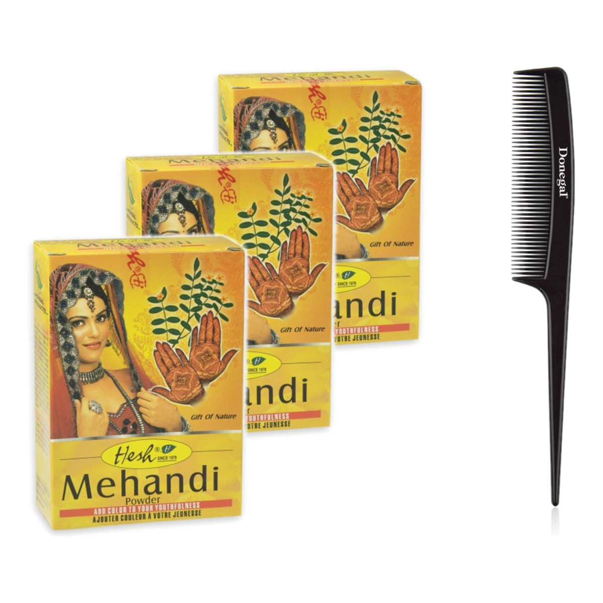 Hesh Mehandi Henna Do Włosów i Zdobienia Ciała 3x100g + Donegal grzebień