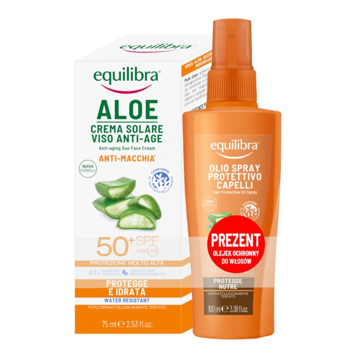 Equilibra Aloe Sun Zestaw krem do twarzy spf50 75ml + olejek do włosów 100ml