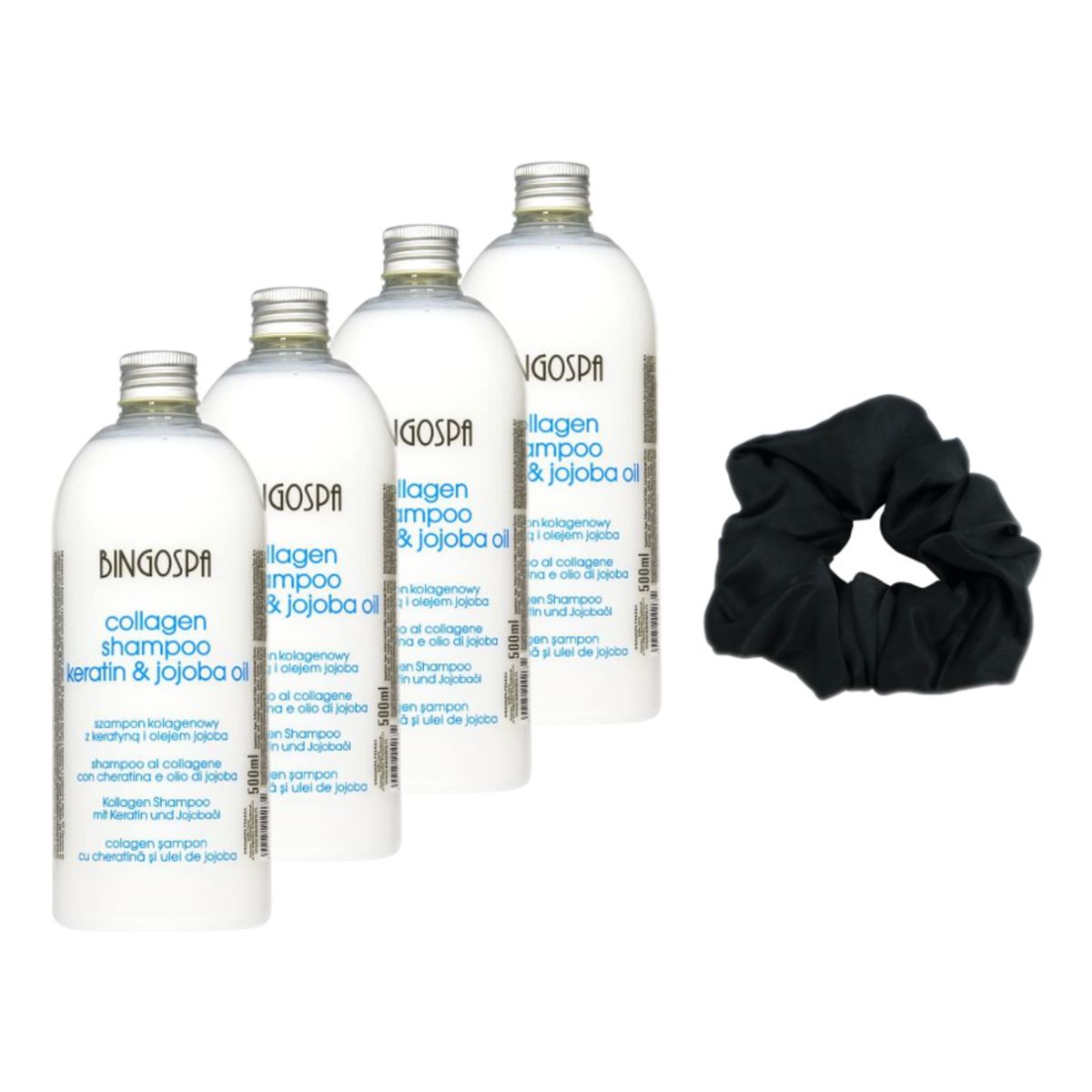 BINGOSPA Szampon kolagenowy z keratyną i olejkiem jojoba 4x500ml + satynowa gumka