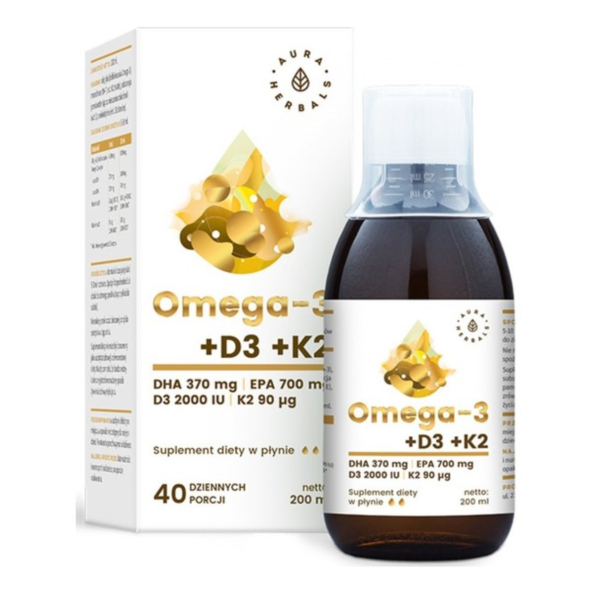 Aura Herbals Omega-3 witamina witamina w płynie (40 porcji) D3 + K2mk7 Suplement Diety 200ml
