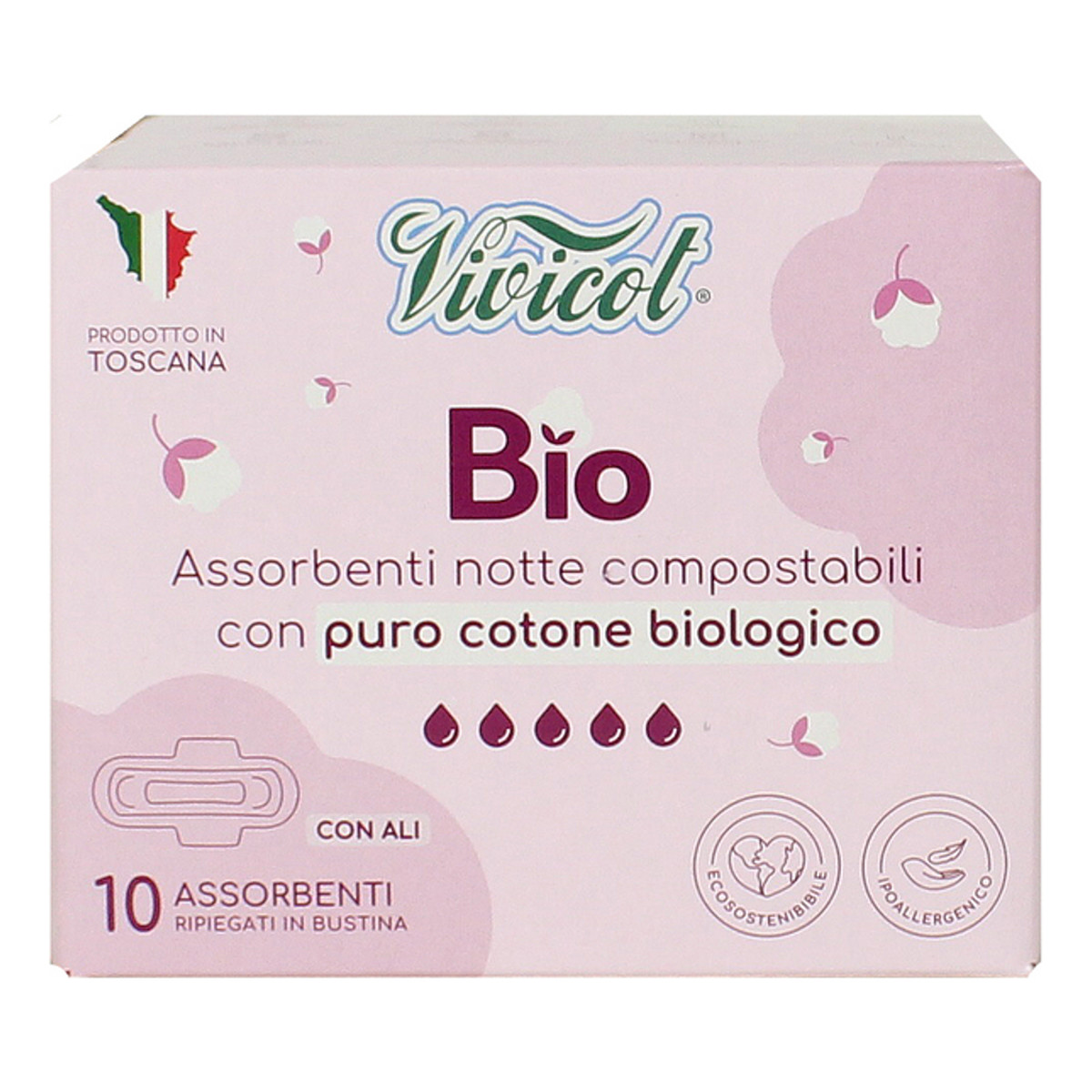 Vivicot Bio Podpaski na noc ze skrzydełkam niebielone chlorem,kompostowalne 10 sztuk