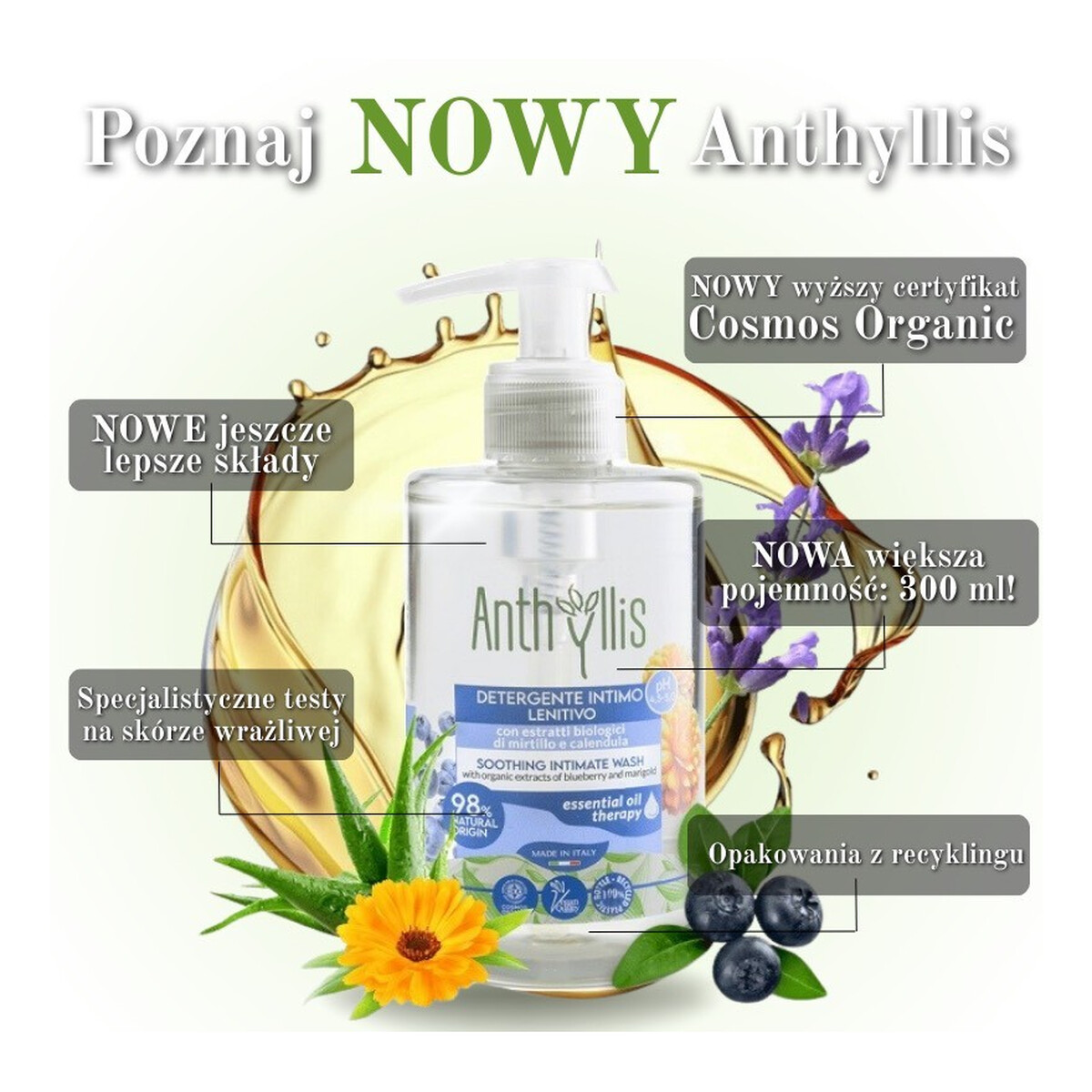 Anthyllis Kojący bio płyn do higieny intymnej z organicznymi ekstraktami z borówki i nagietka 300ml