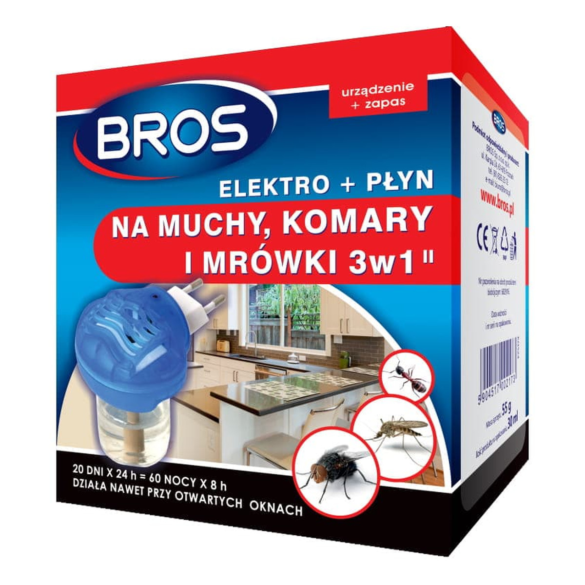 Bros Aparat elektryczny na owady + płyn 3w1 na muchy, komary i mrówki 3w1 30ml