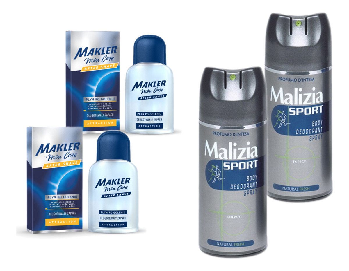 Woda po goleniu 2szt. + Malizia Sport Dezodorant w sprayu 2szt.