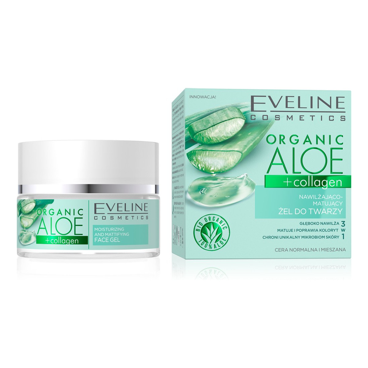 Eveline Organic Aloe + Collagen Nawilżająco - Matujący Żel do twarzy 3w1 - cera normalna i mieszana 50ml