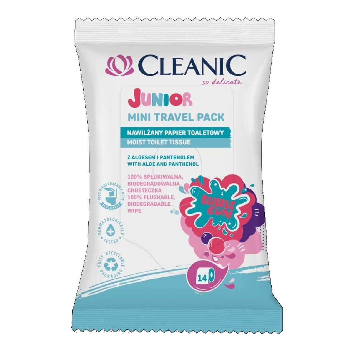 Cleanic Junior Mini Travel Pack Moist Toilet Tissue nawilżany papier toaletowy Bubble Gum 14szt.