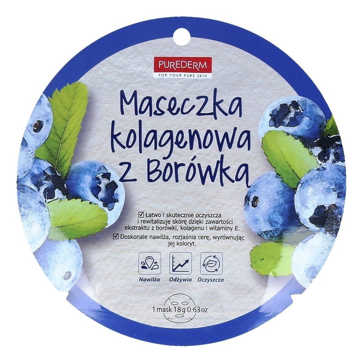 Purederm Blueberry Collagen Mask maseczka kolagenowa w płacie Borówka 18g