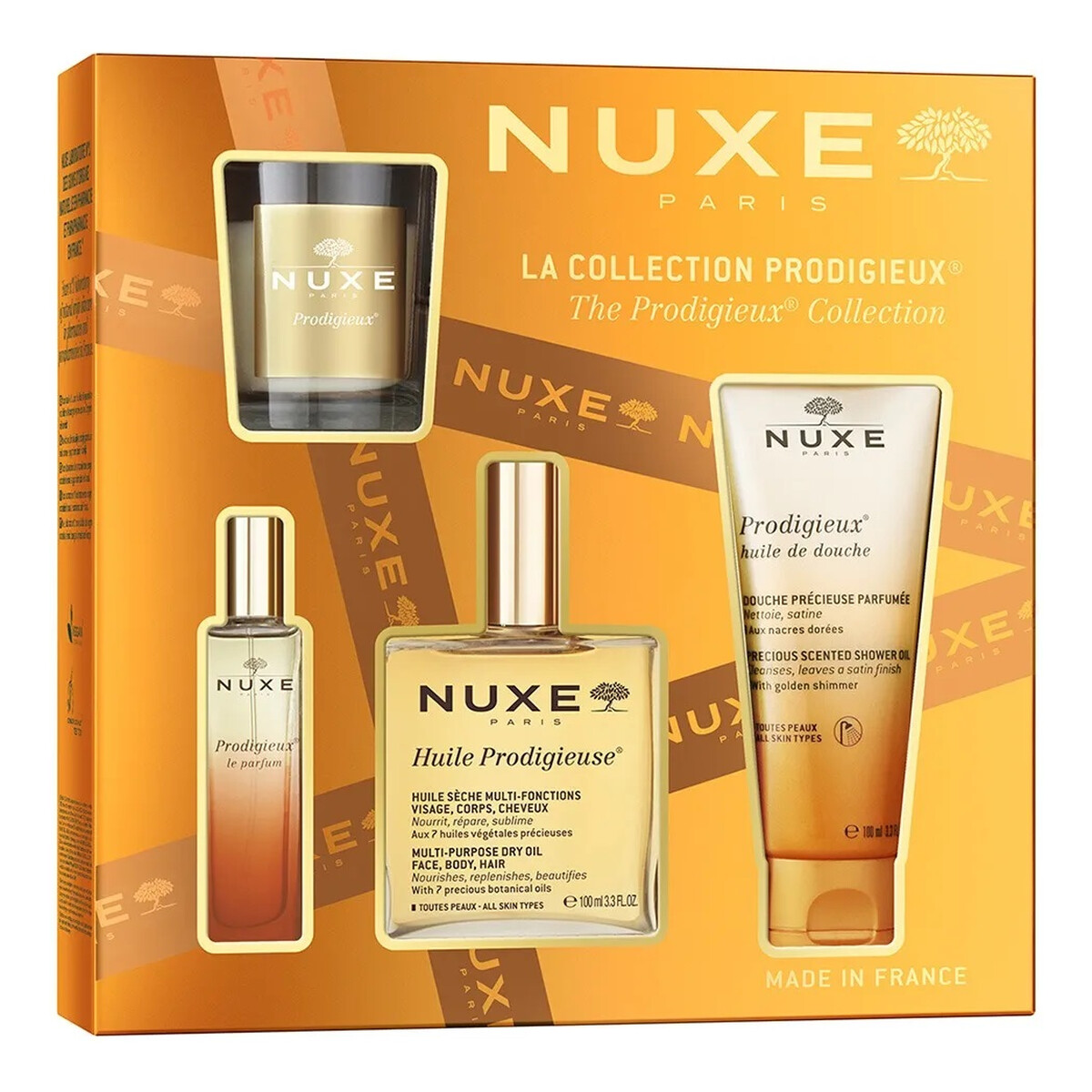 Nuxe The Prodigieux Collection Zestaw suchy olejek regenerujący 100ml + perfumy 15ml + olejek pod prysznic 100ml + świeca zapachowa 60g