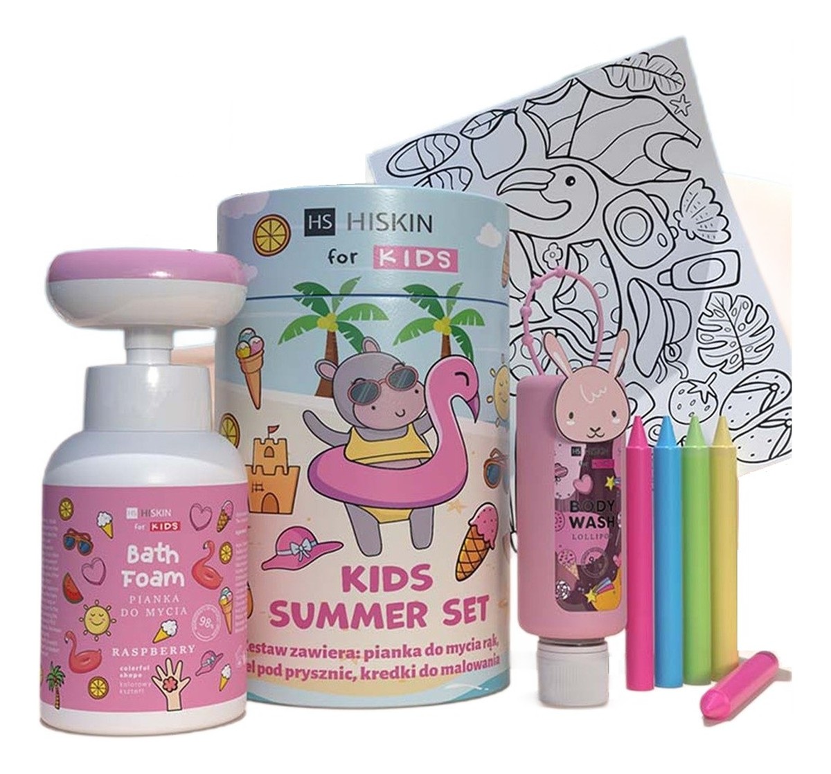 Zestaw płyn do kąpieli 75ml + pianka do mycia 300ml + kredki 5szt + kolorowanka