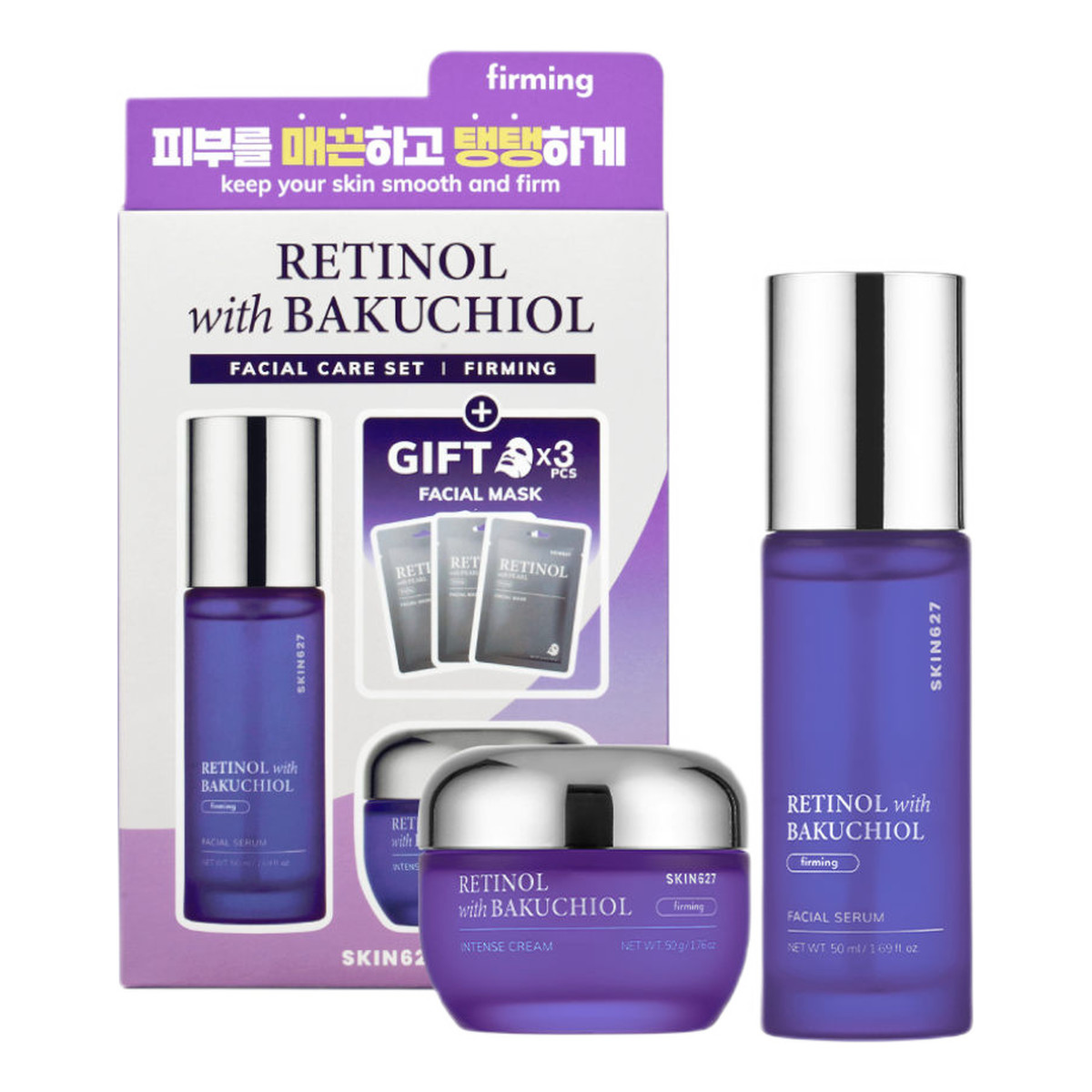 Skin627 Retinol With Bakuchiol serum do twarzy 50ml + krem do twarzy 50g + maseczki do twarzy 3x22ml