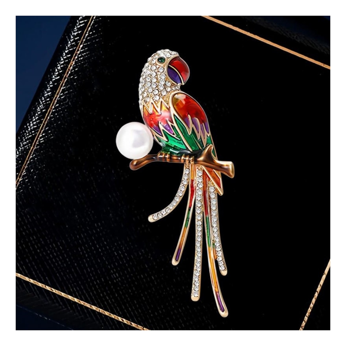 Ecarla Broszka ozdobna - papuga z cyrkoniami i perłą BZ221