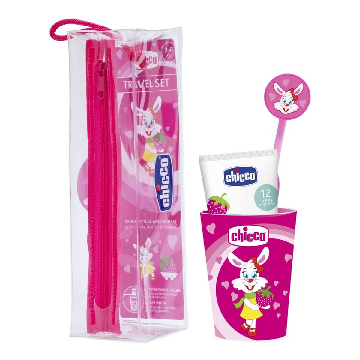 Chicco Travel Set Zestaw podróżny do mycia zębów pasta + szczoteczka + kubek + etui 3-6l różowy