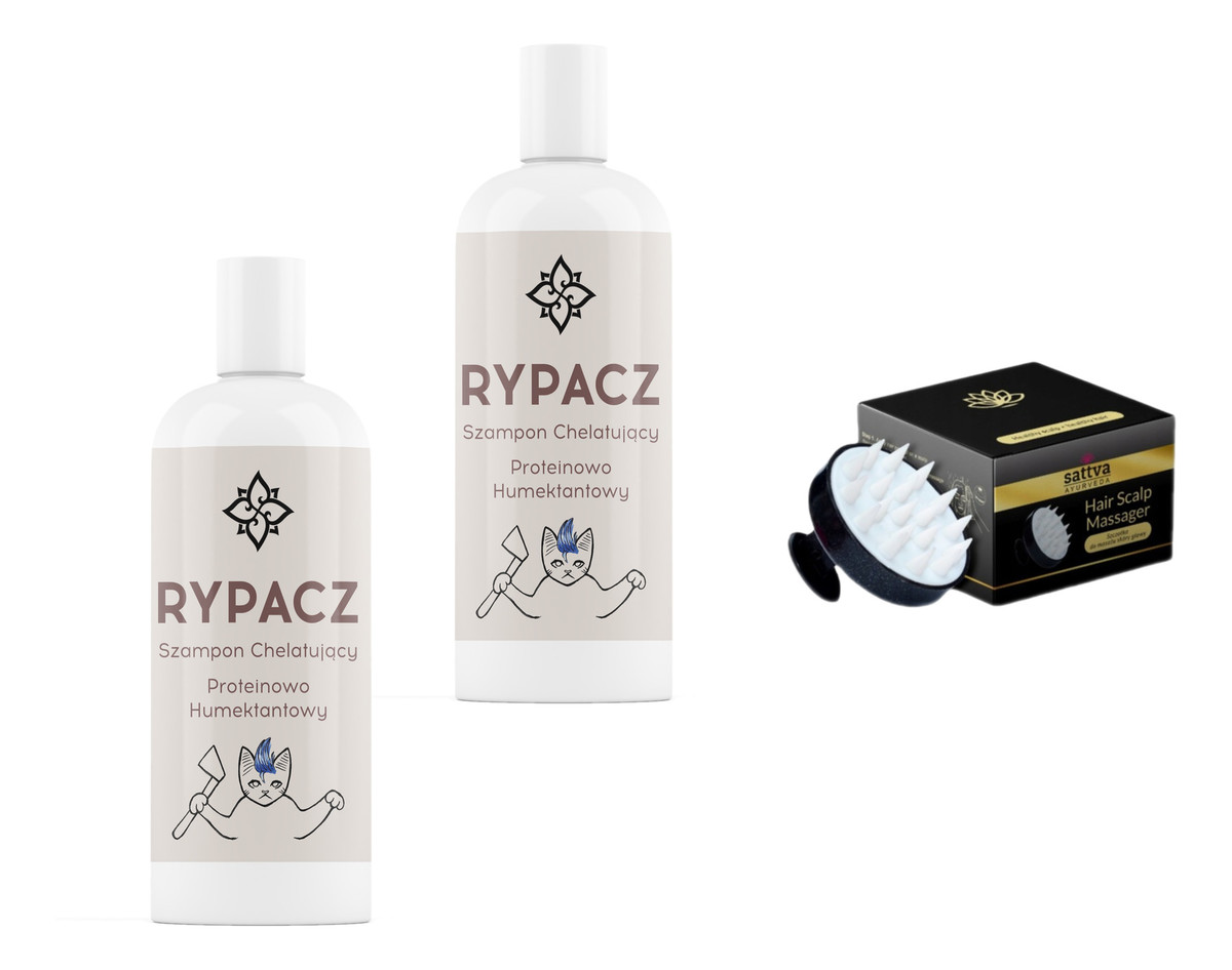 Rypacz - szampon chelatujący proteinowo-humektantowy 2x250ml + Sattva masażer do skóry głowy