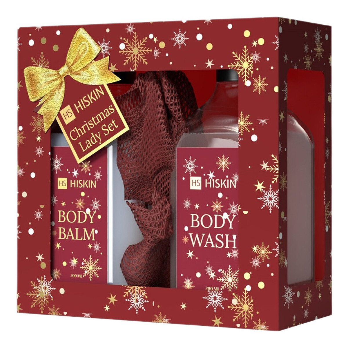 Hiskin Christmas Lady Set Zestaw balsam do ciała 200ml + żel pod prysznic 200ml + gąbka 1szt.