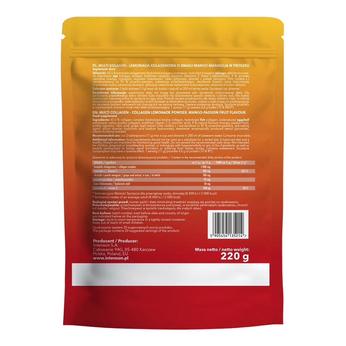 Intenson Multi Kolagen Lemoniada + witamina C + kwas hialuronowy + OPC suplement diety Mango-Marakuja 220g