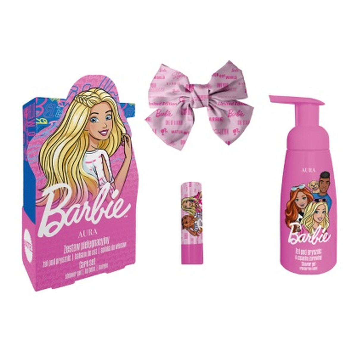 Aura Barbie Zestaw żel pod prysznic 300ml + balsam do ust 3.8g + spinka do włosów