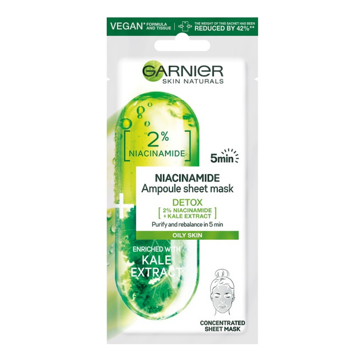 Garnier Niacinamide Ampoule Sheet Mask Ampułka detoksykująca w masce na tkaninie witaminą B3 i ekstraktem z jarmużu 15g